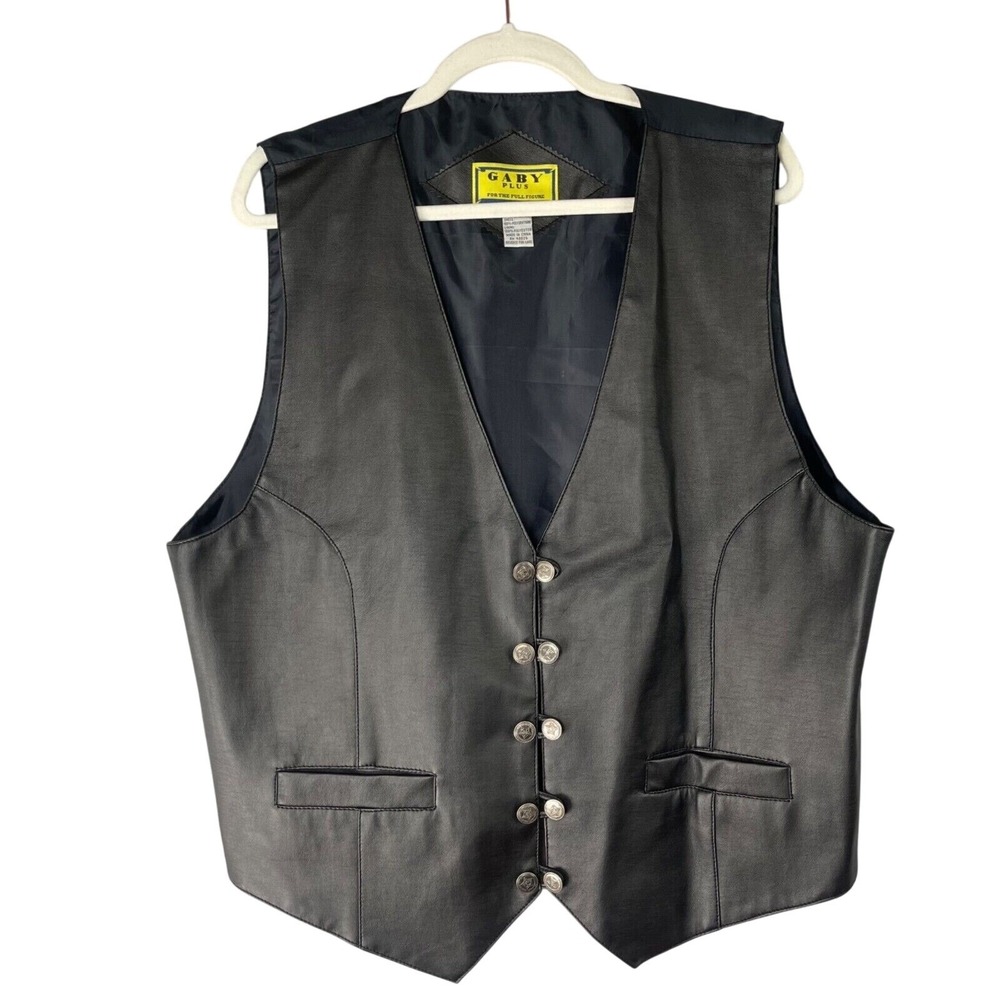 Gaby Faux‎ Leather Vest 22W Black Double Star Loop Buttons Motorcycle Western